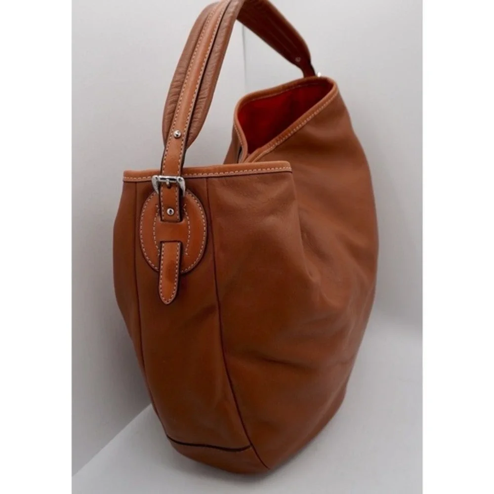 Lauren Ralph Lauren Brown Leather Shoulder‎ Bag Patent Stripe Red Lining 37-06